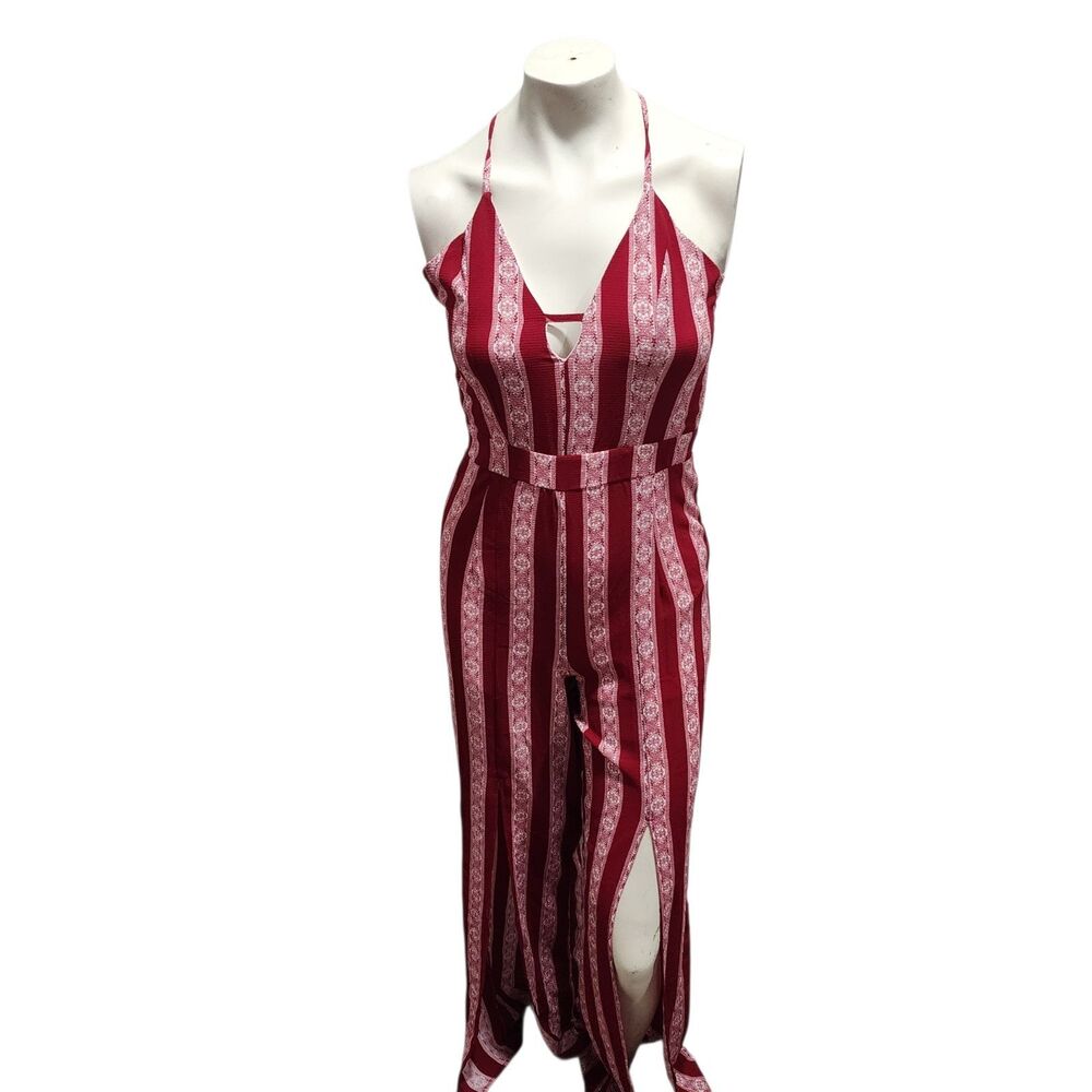 Crystal Sky Red‎ Striped Boho Halter Jumpsuit Size 5 Women’s Criss Cross Back